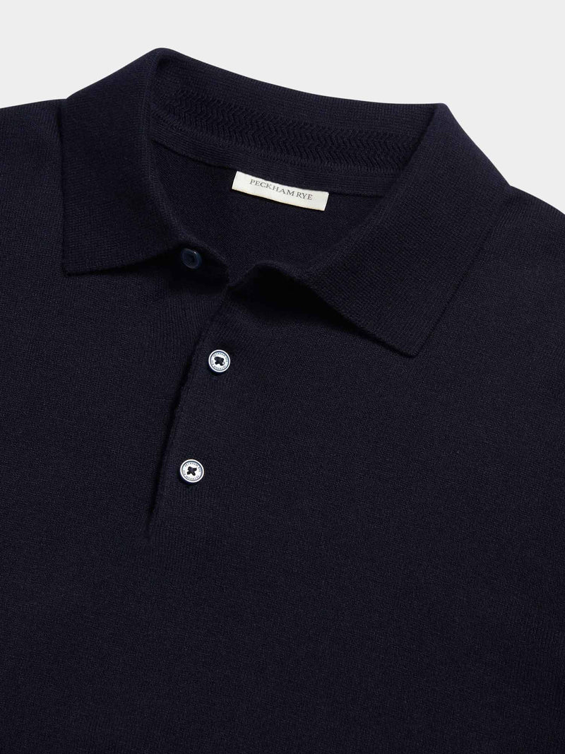 Wilton Knitted Long Sleeve Polo Shirt in Dark Sapphire Navy