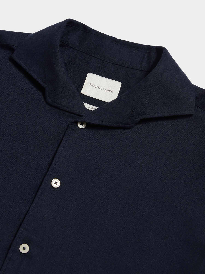 Flannel Herringbone Spread Collar Shirt in Dark Sapphire Navy