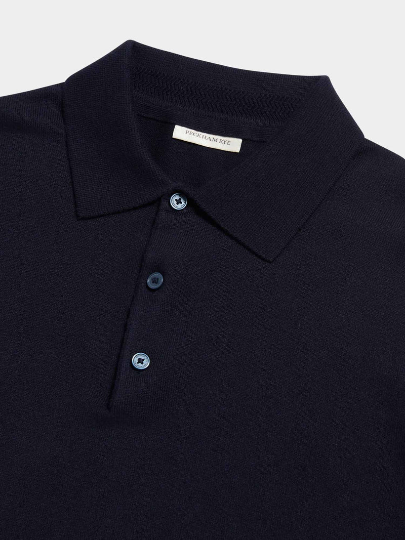 Wilton Knitted Long Sleeve Polo Shirt in Dark Sapphire Navy