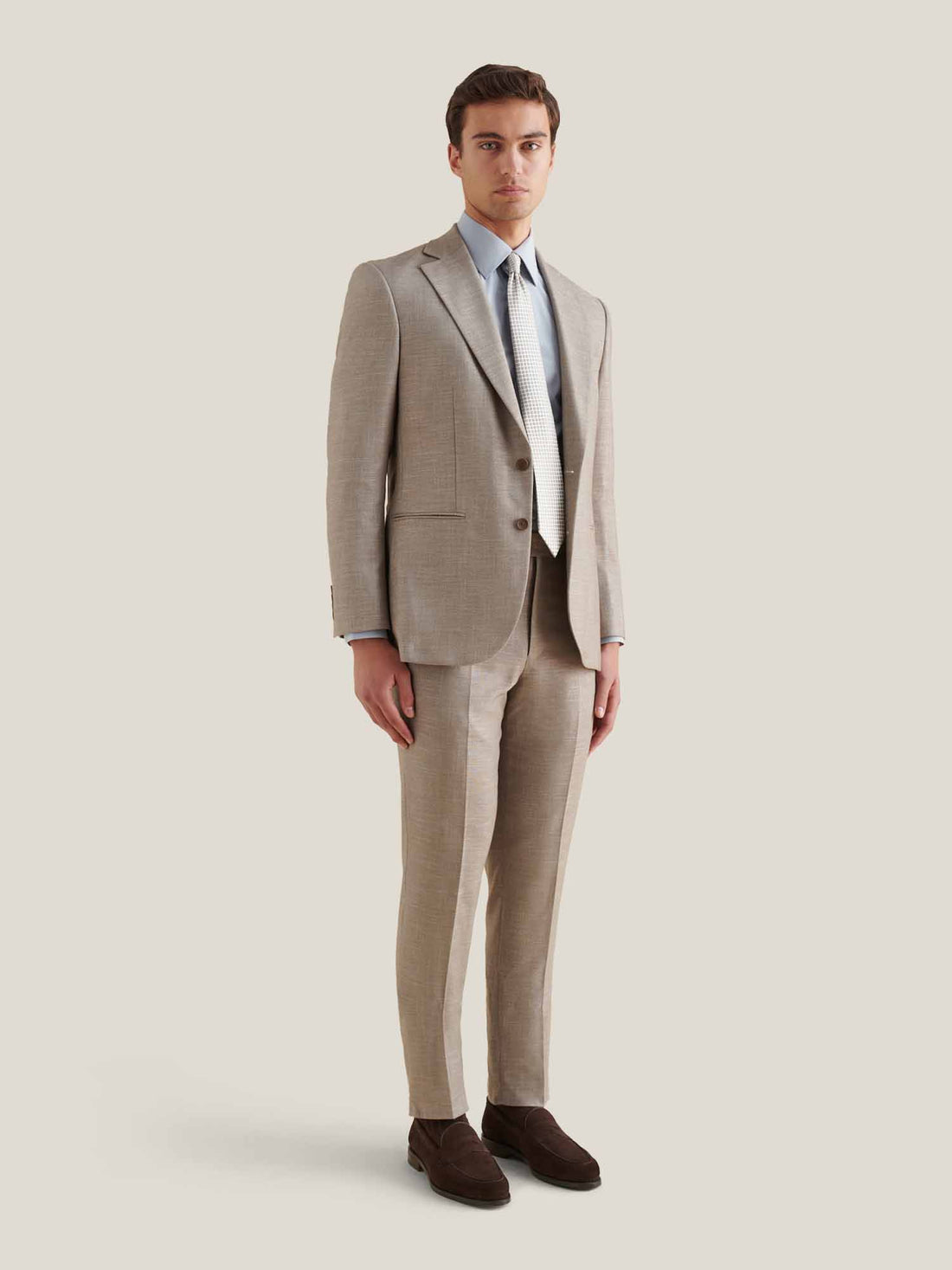 Linen Contemporary Notched-Lapel Suit in Taupe