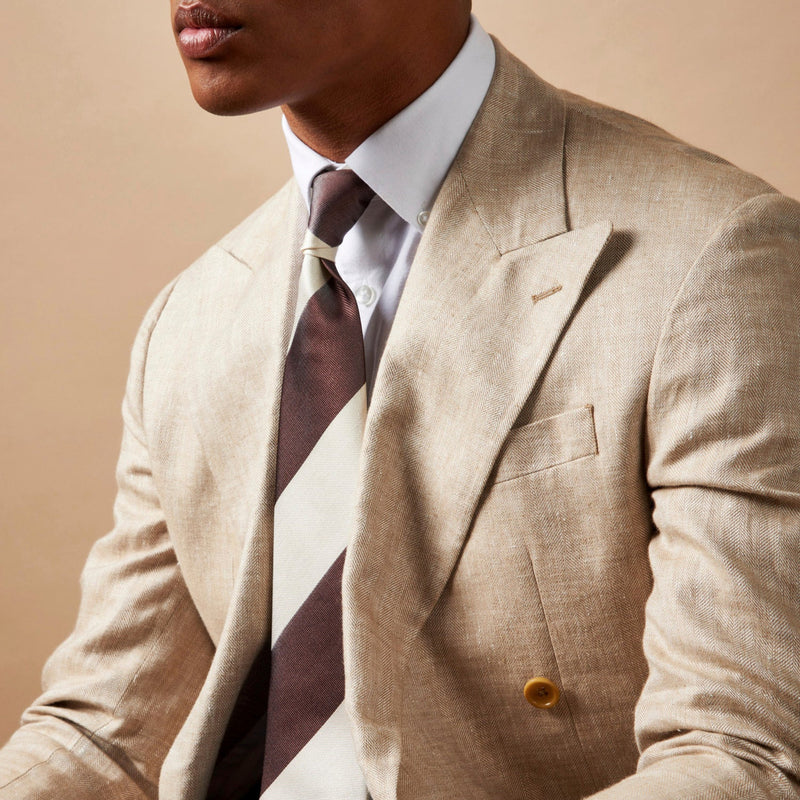 Linen Herringbone Double-Breasted Blazer in Egret