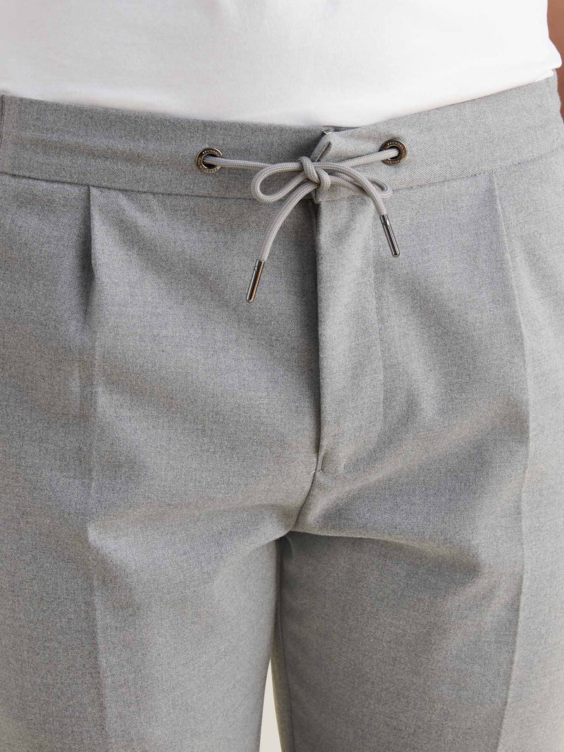 Flannel Tech Drawstring Trousers in Light Grey Marl