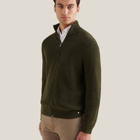 Cotton Knit Funnel-Neck Zip Cardigan in Rosin