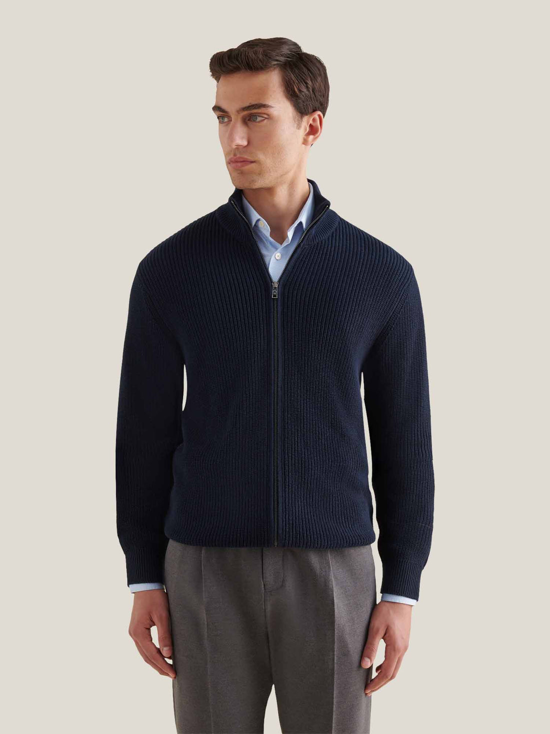 Cotton Knit Funnel-Neck Zip Cardigan in Dark Sapphire Navy