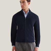 Cotton Knit Funnel-Neck Zip Cardigan in Dark Sapphire Navy