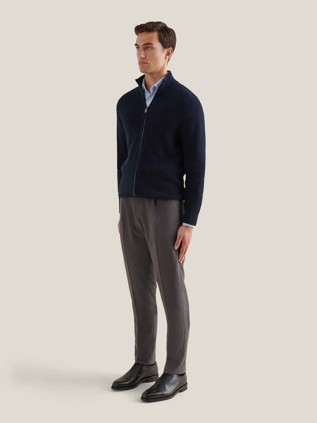 Cotton Knit Funnel-Neck Zip Cardigan in Dark Sapphire Navy