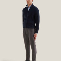 Cotton Knit Funnel-Neck Zip Cardigan in Dark Sapphire Navy