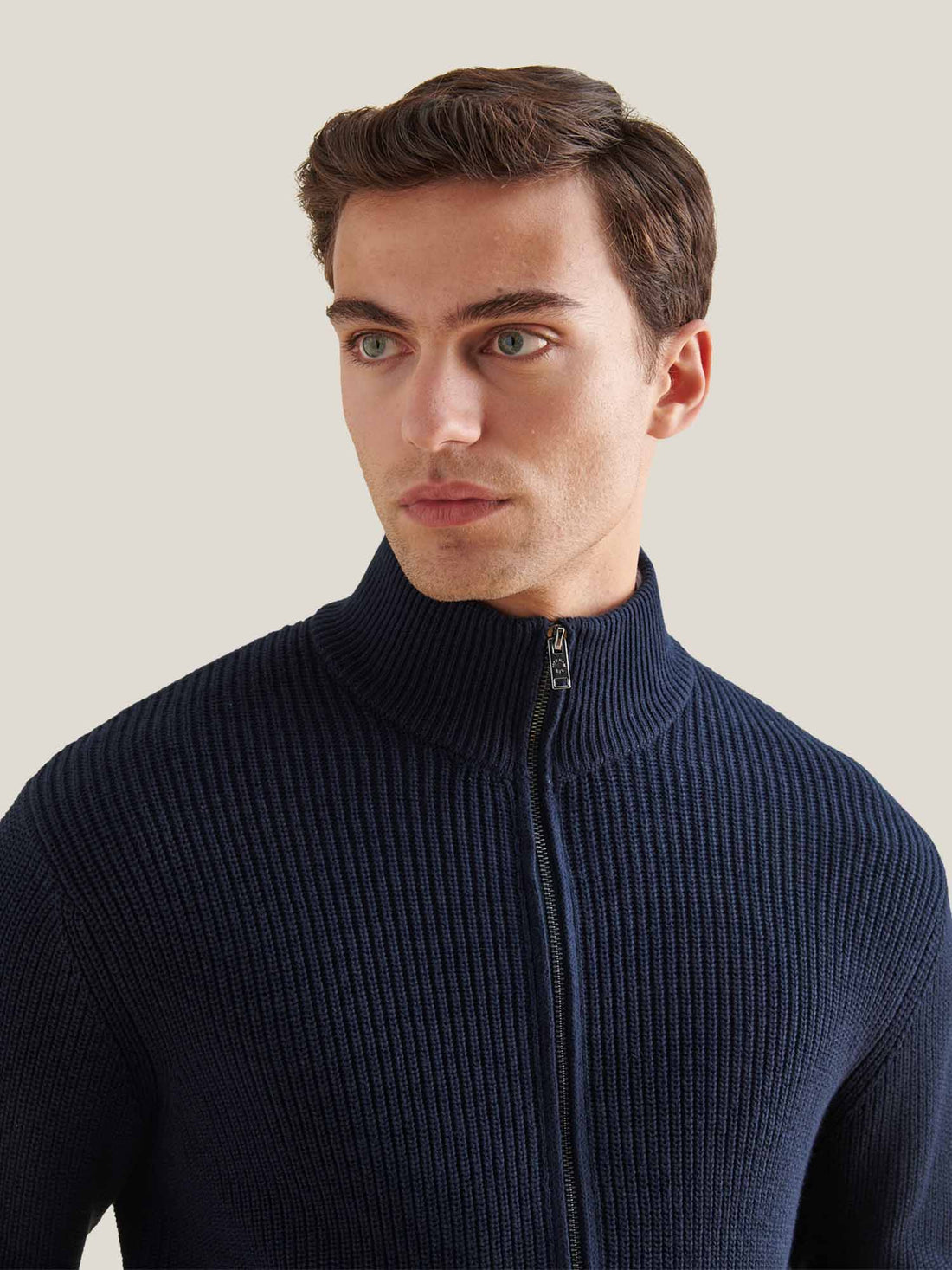 Cotton Knit Funnel-Neck Zip Cardigan in Dark Sapphire Navy