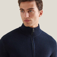 Cotton Knit Funnel-Neck Zip Cardigan in Dark Sapphire Navy