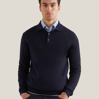 Jersey Knit Long Sleeve Polo Shirt in Dark Sapphire Navy
