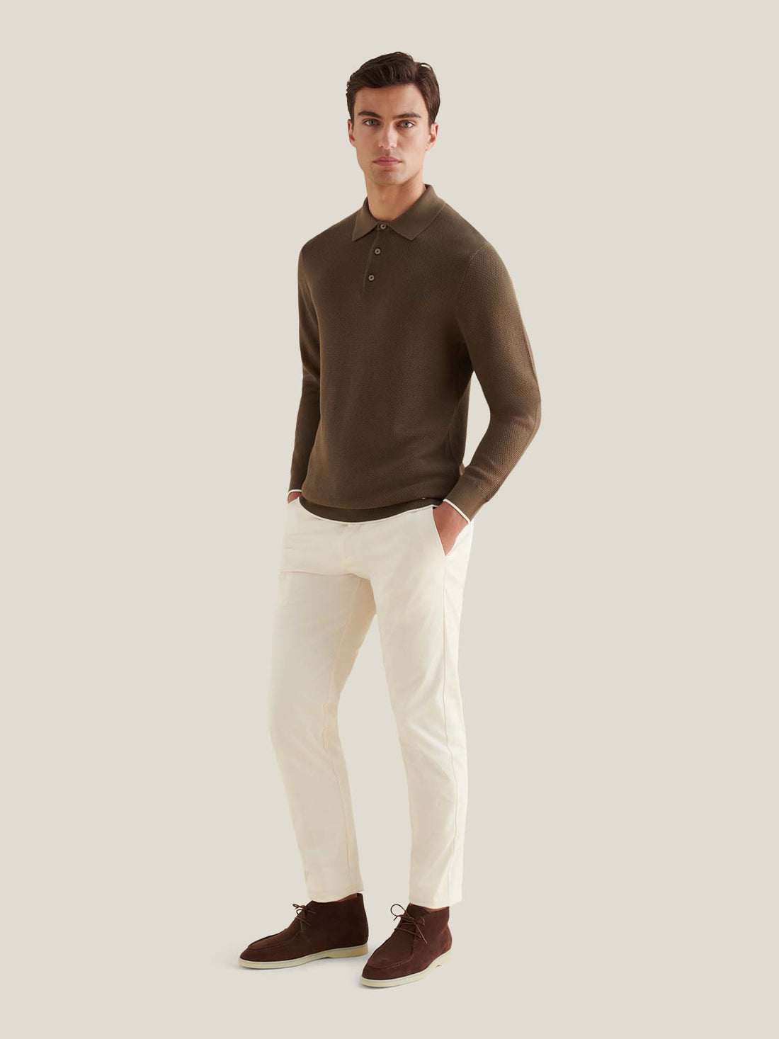 Textured Knit Long Sleeve Polo Shirt in Sea Turtle