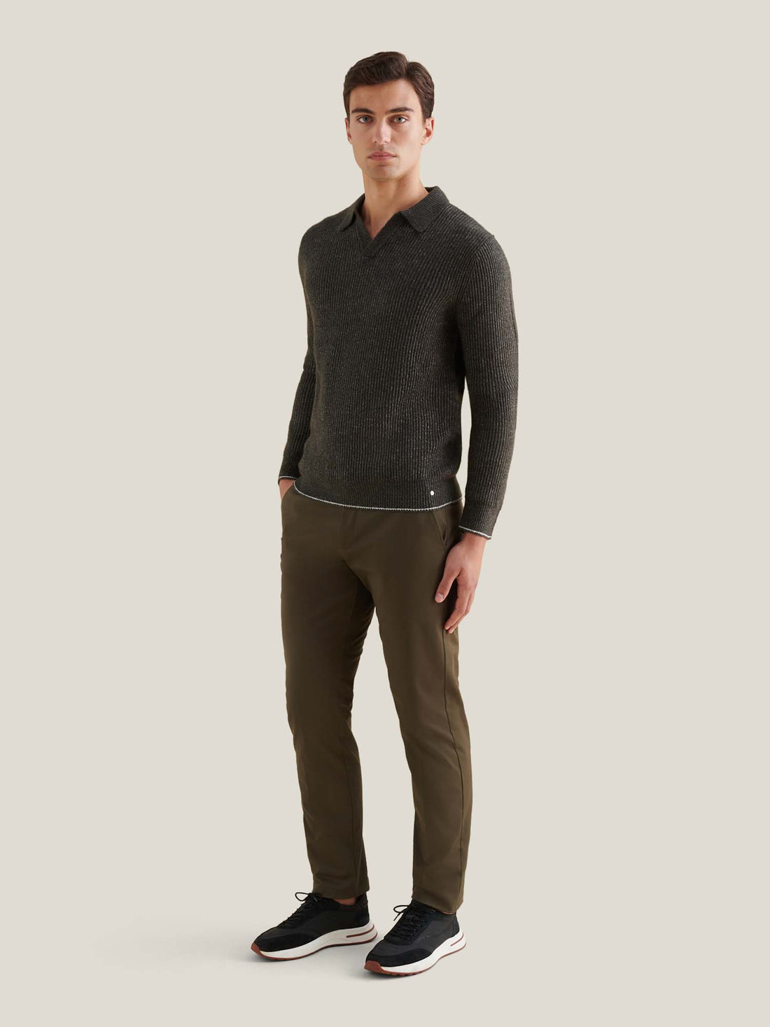 Revere Knit Long Sleeve Polo Shirt in Charcoal Grey
