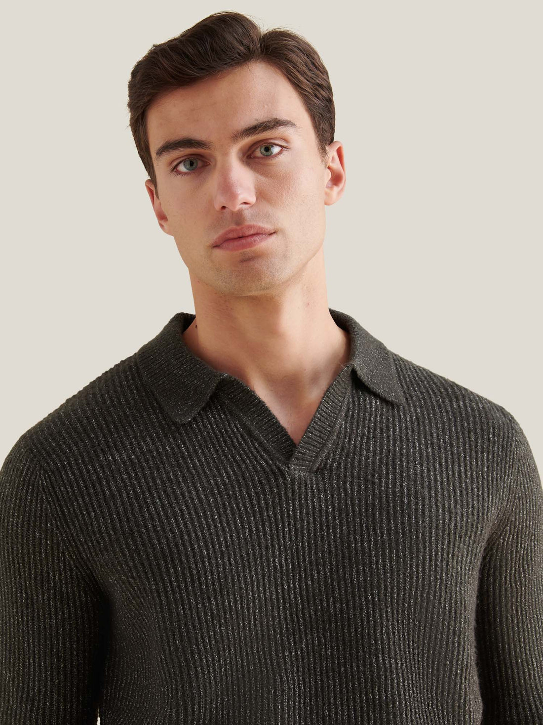 Revere Knit Long Sleeve Polo Shirt in Charcoal Grey