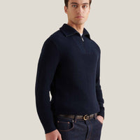 Cotton Knit ¼ Zip Funnel in Dark Sapphire Navy