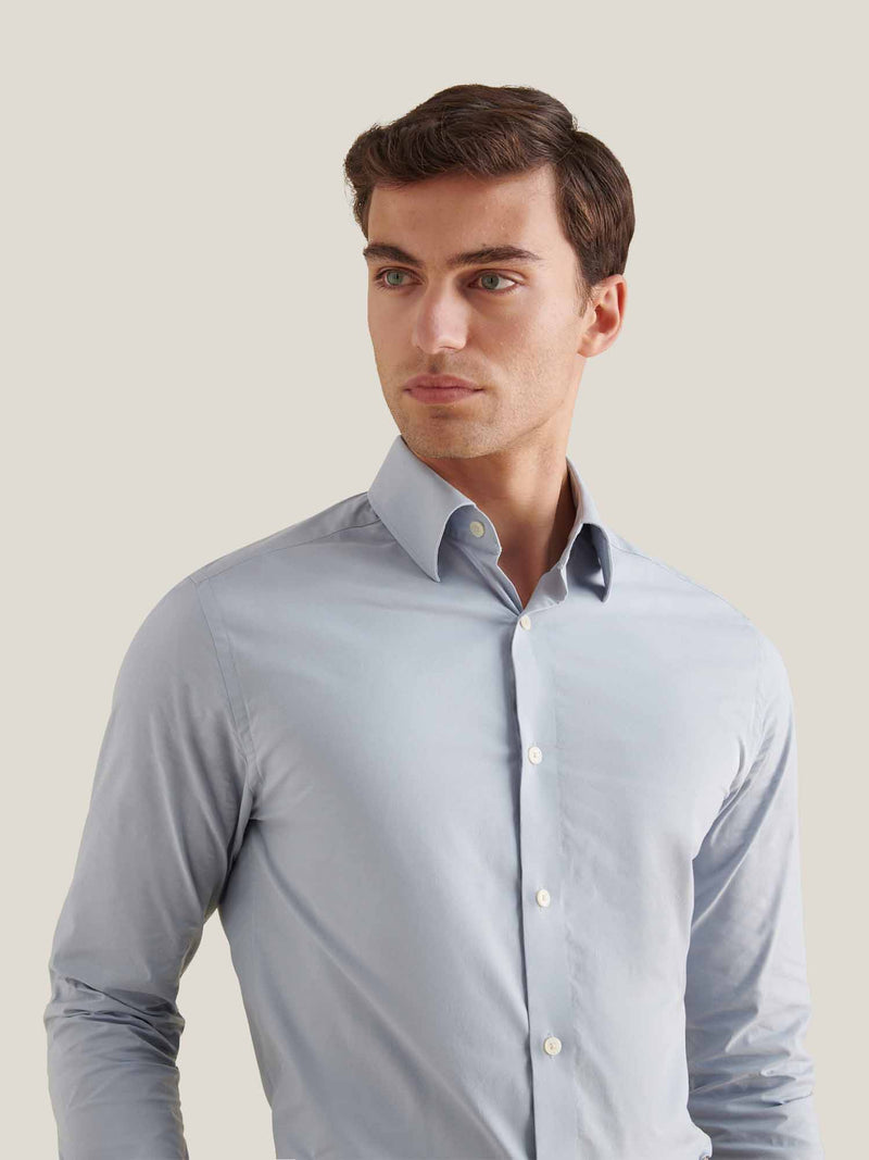Cotton Poplin Slim Fit High Collar Shirt in Blue Blizzard