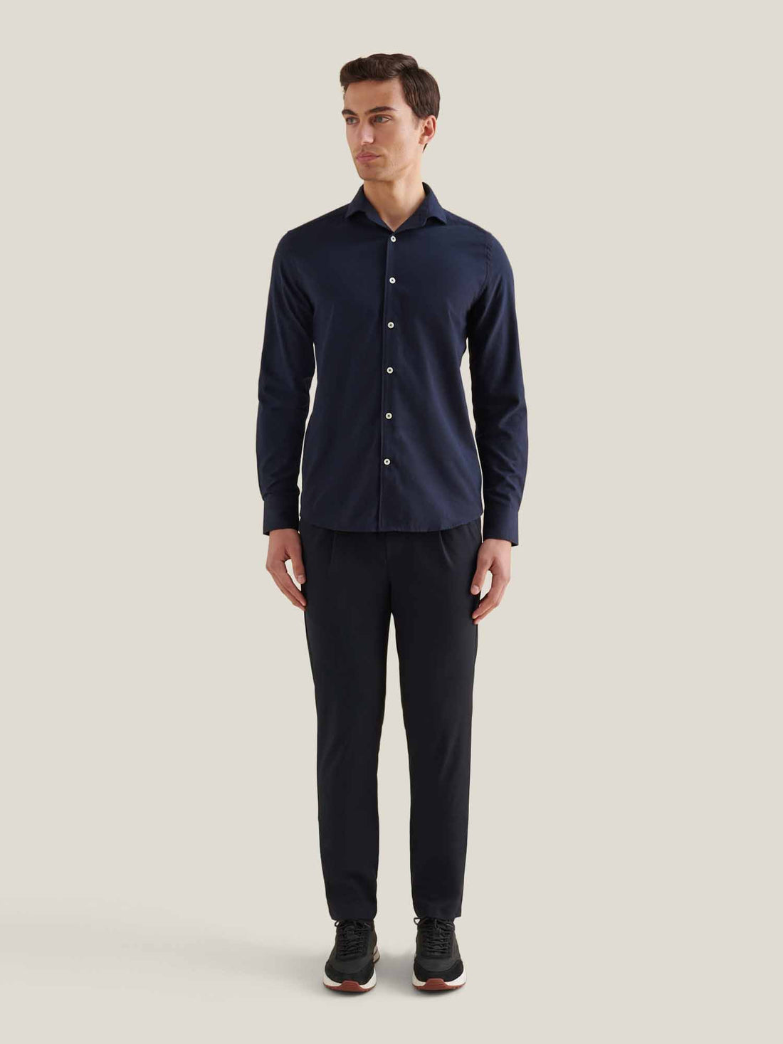 Flannel Herringbone Spread Collar Shirt in Dark Sapphire Navy