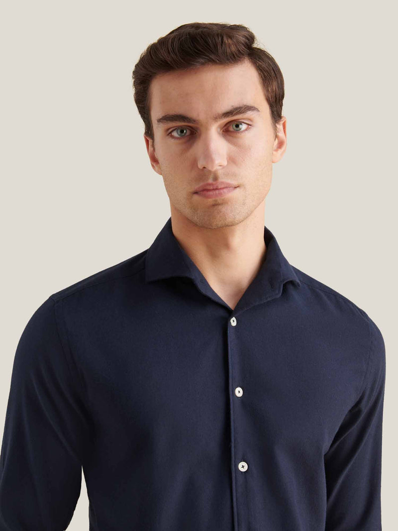 Flannel Herringbone Spread Collar Shirt in Dark Sapphire Navy