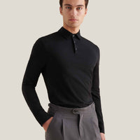 Slub Jersey Long Sleeve Polo Shirt in Black