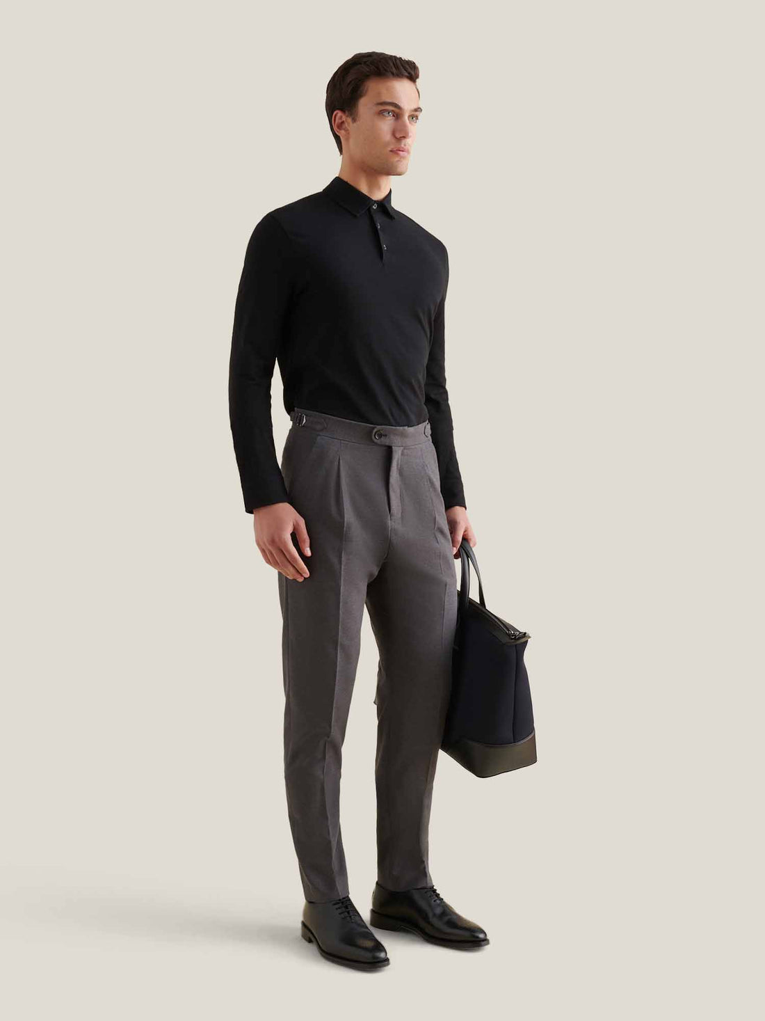 Slub Jersey Long Sleeve Polo Shirt in Black