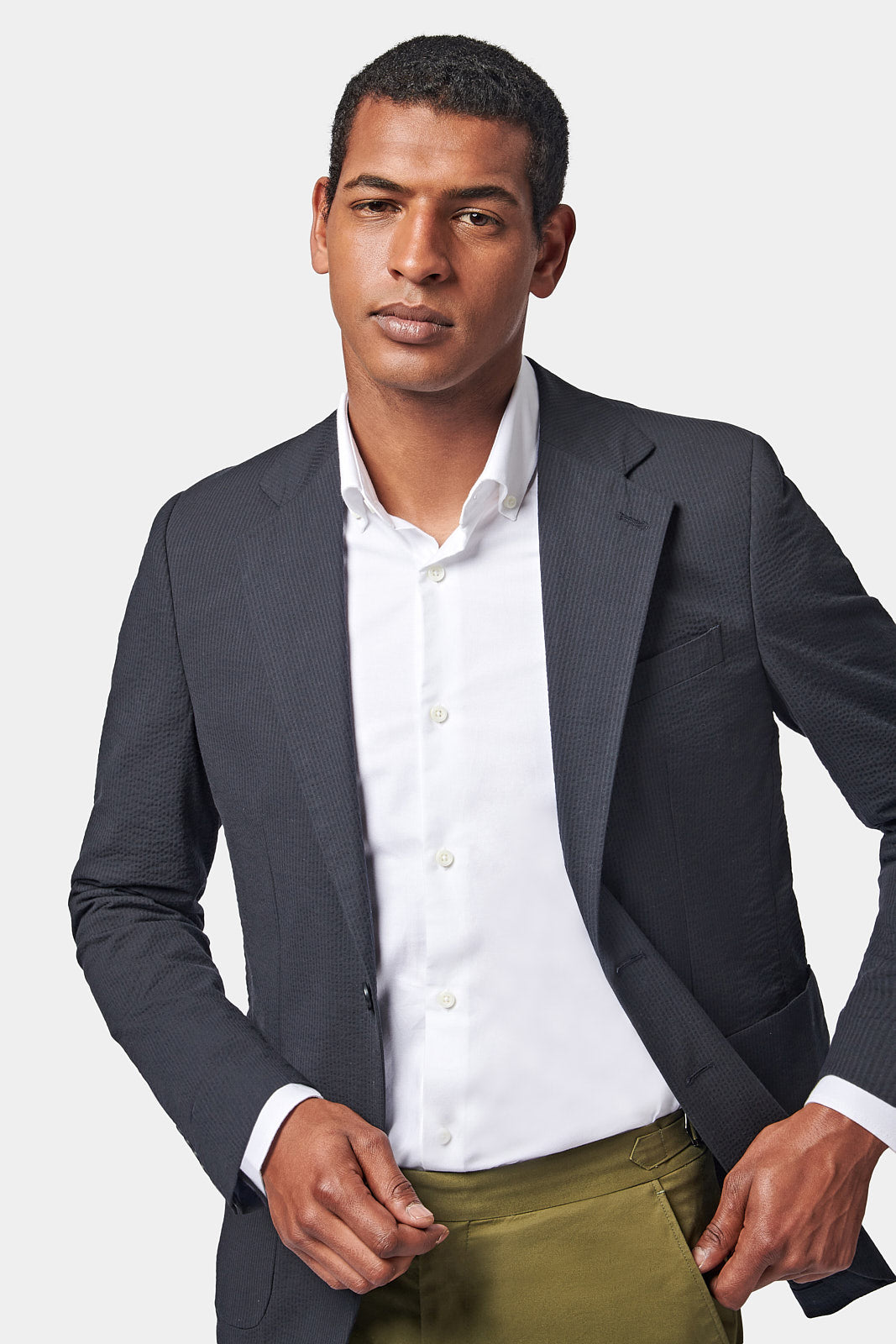 Seersucker Notched Lapel Blazer Jacket in Navy Blue