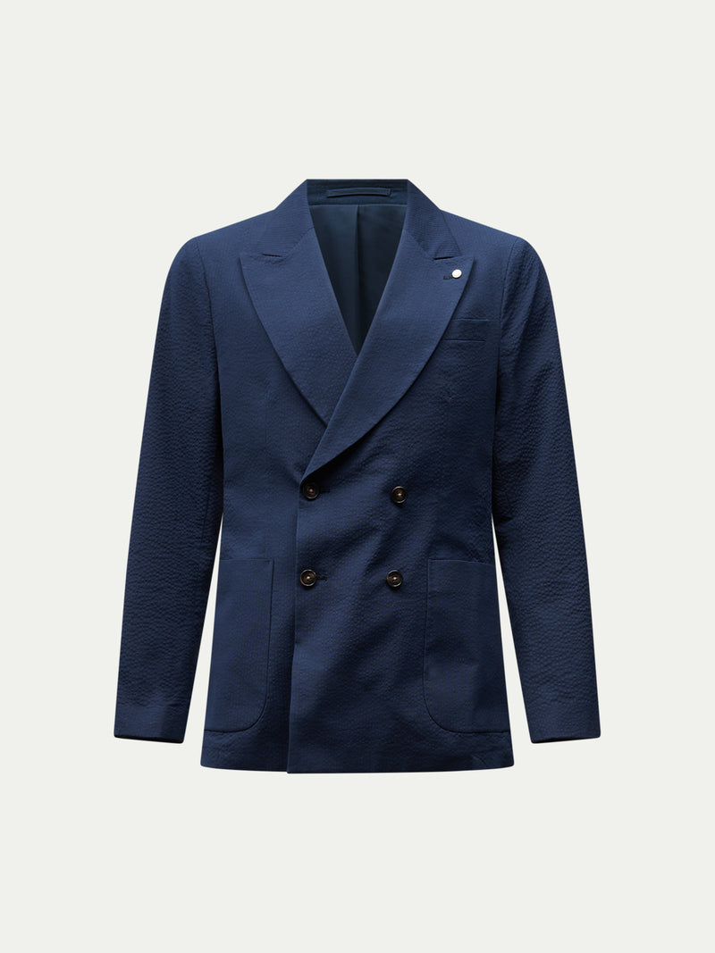 Luciano Seersucker Double Breasted Blazer in Dark Sapphire Navy
