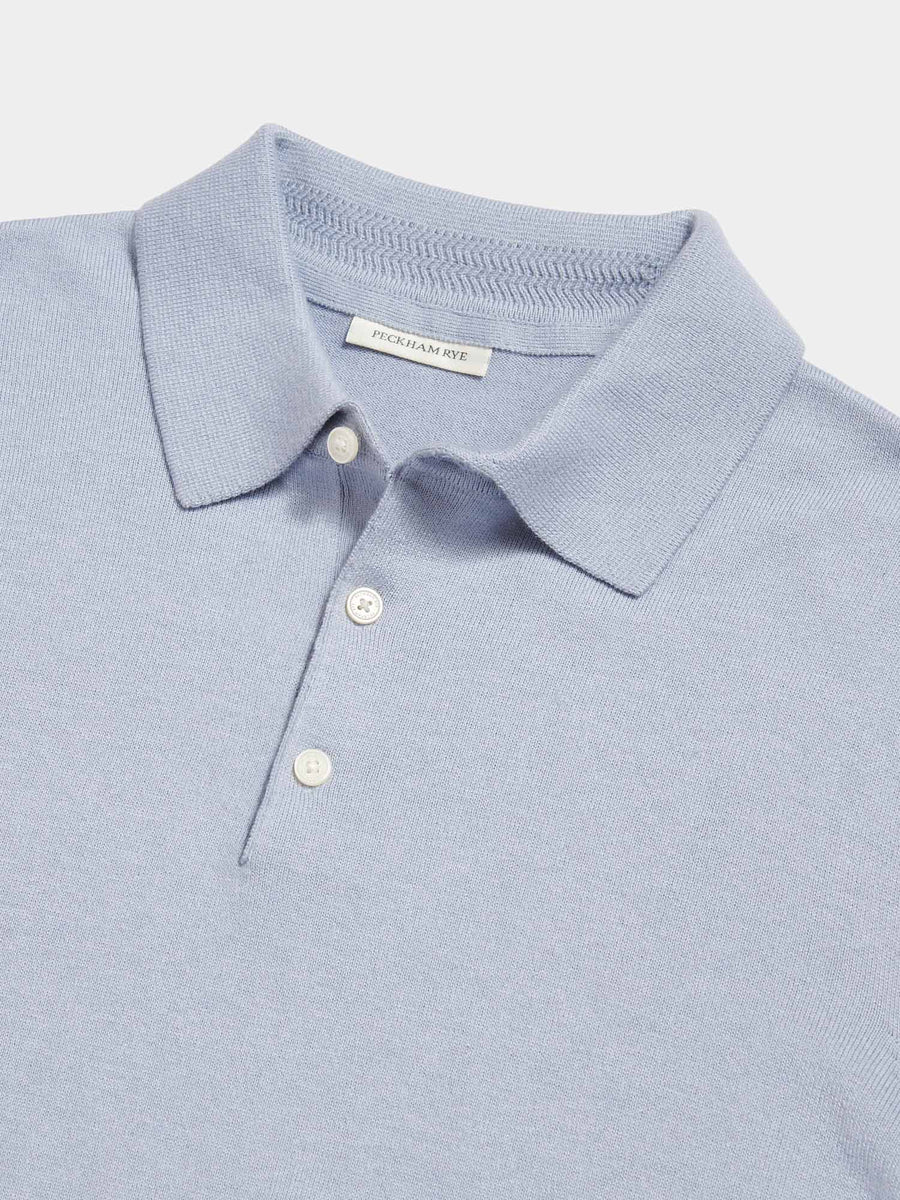 Peckham Rye Mens Knitted Short Sleeve Polo in Blue Blizzard