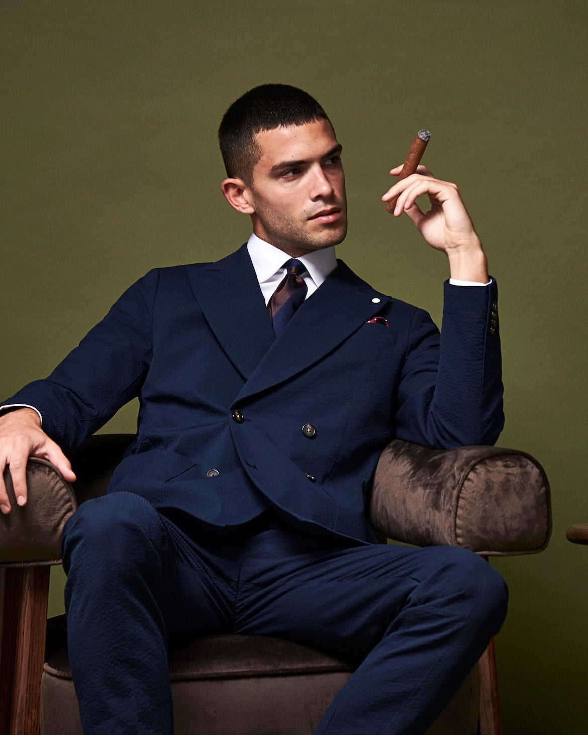 Luciano Seersucker Double Breasted Blazer in Dark Sapphire Navy