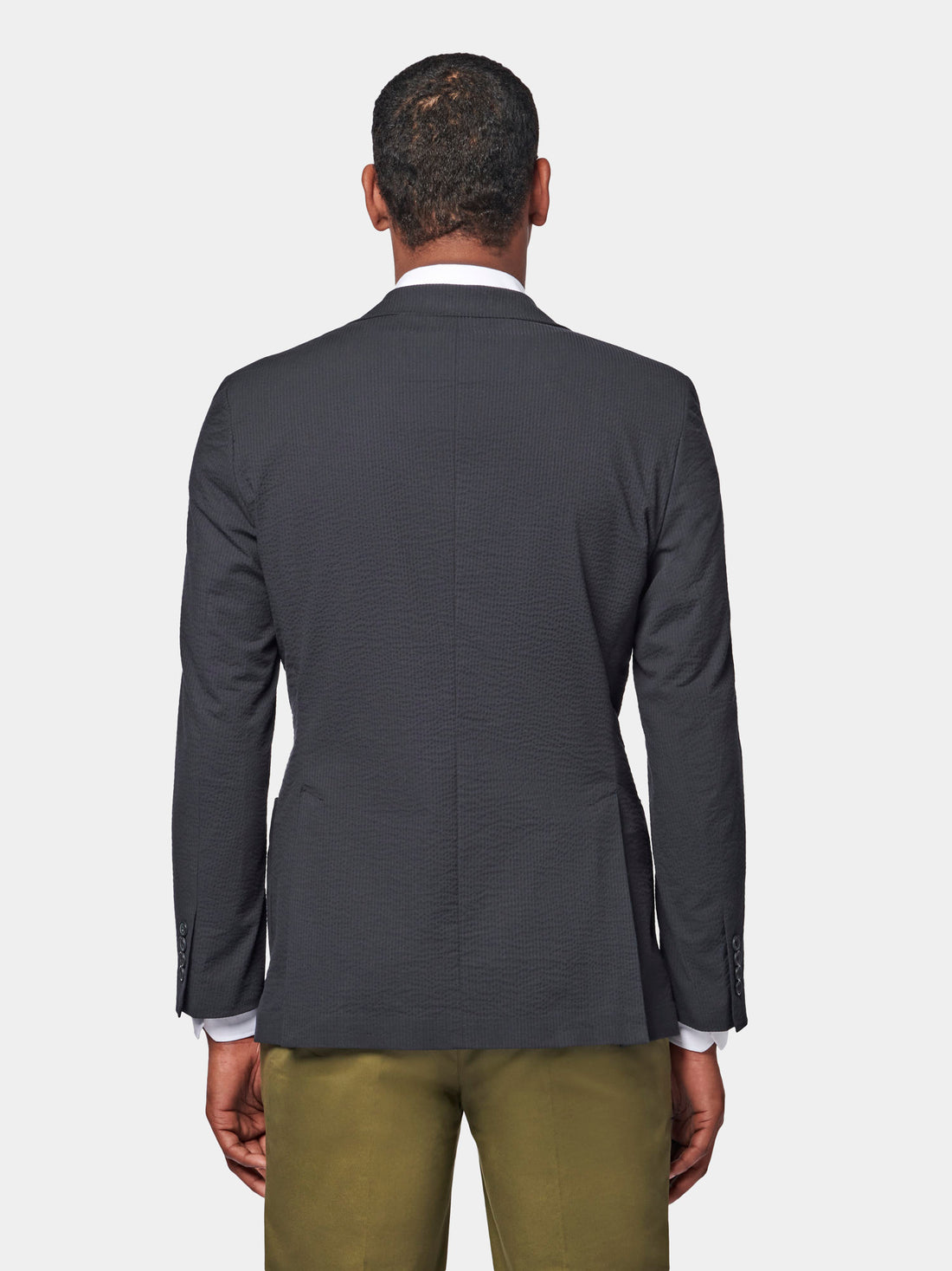 Seersucker Notched Lapel Blazer Jacket in Navy Blue