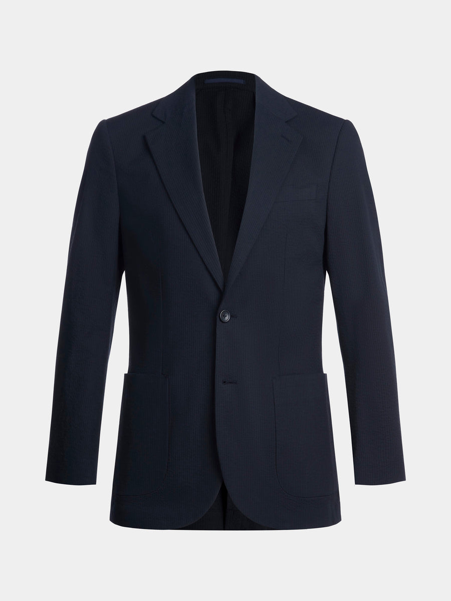 Seersucker Notched Lapel Blazer Jacket in Navy Blue