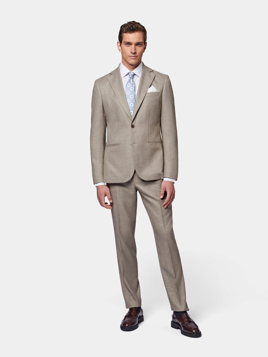 Linen Contemporary Notched Lapel Suit in Taupe