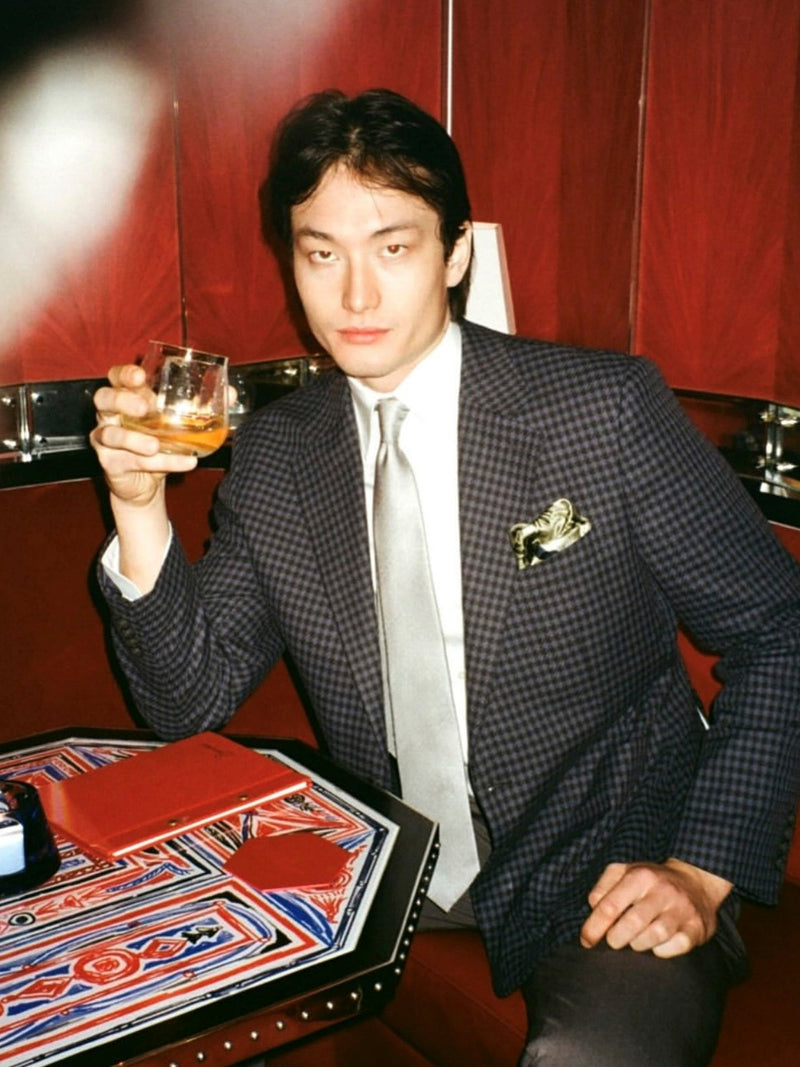 Linen-Blend Houndstooth Blazer in Navy Blue