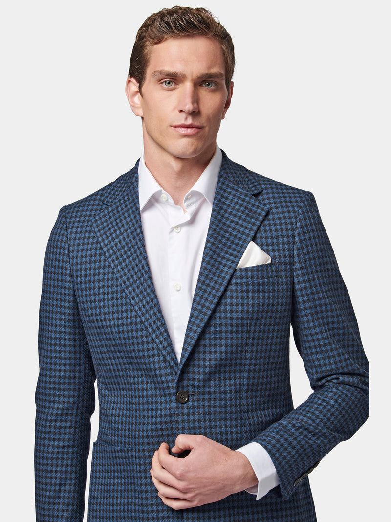 Linen-Blend Houndstooth Blazer in Navy Blue