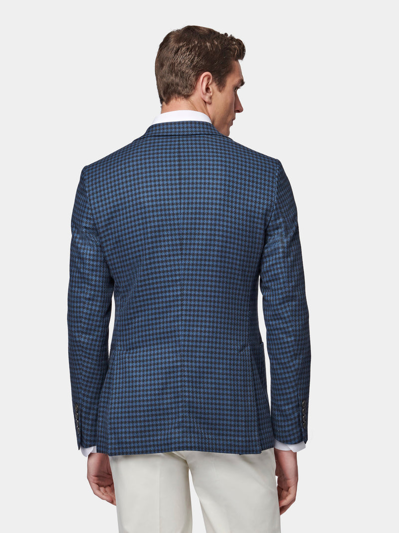 Linen-Blend Houndstooth Blazer in Navy Blue