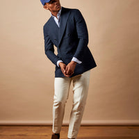 Linen Contemporary Linen Double Breasted Blazer Jacket in Navy Blue