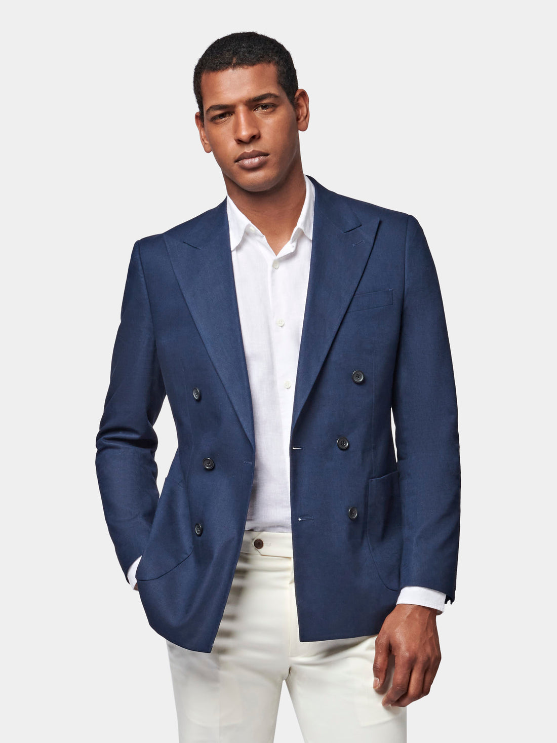 Linen Contemporary Linen Double Breasted Blazer Jacket in Navy Blue