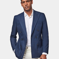 Linen Contemporary Linen Double Breasted Blazer Jacket in Navy Blue