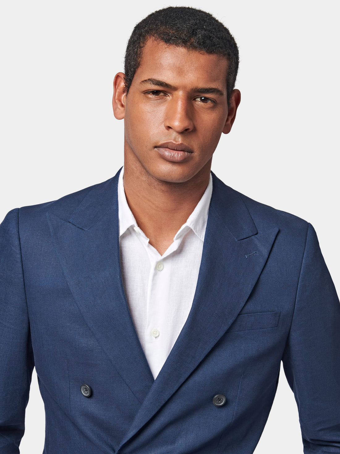 Linen Contemporary Linen Double Breasted Blazer Jacket in Navy Blue