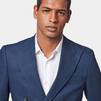 Linen Contemporary Linen Double Breasted Blazer Jacket in Navy Blue