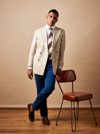 Linen Herringbone Double-Breasted Blazer in Egret