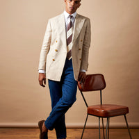 Contemporary Linen Herringbone Double Breasted Blazer Jacket in Egret