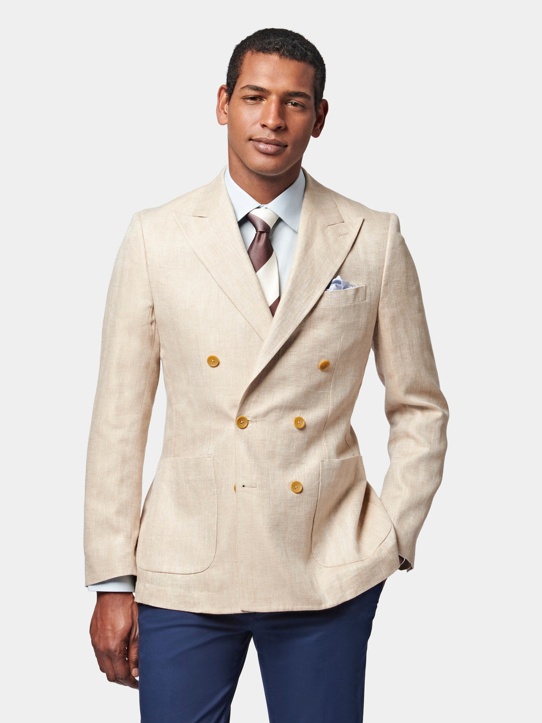 Contemporary Linen Herringbone Double Breasted Blazer Jacket in Egret