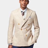 Contemporary Linen Herringbone Double Breasted Blazer Jacket in Egret