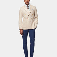 Contemporary Linen Herringbone Double Breasted Blazer Jacket in Egret