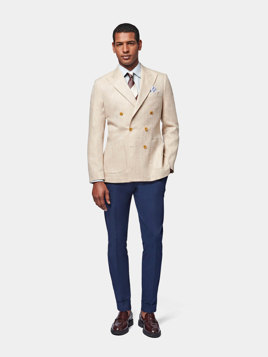 Contemporary Linen Herringbone Double Breasted Blazer Jacket in Egret