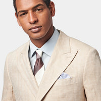 Contemporary Linen Herringbone Double Breasted Blazer Jacket in Egret