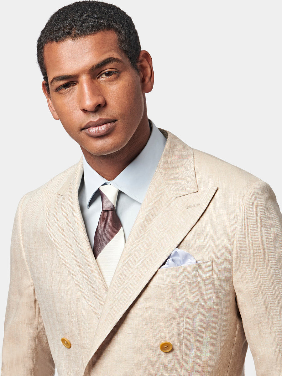 Contemporary Linen Herringbone Double Breasted Blazer Jacket in Egret