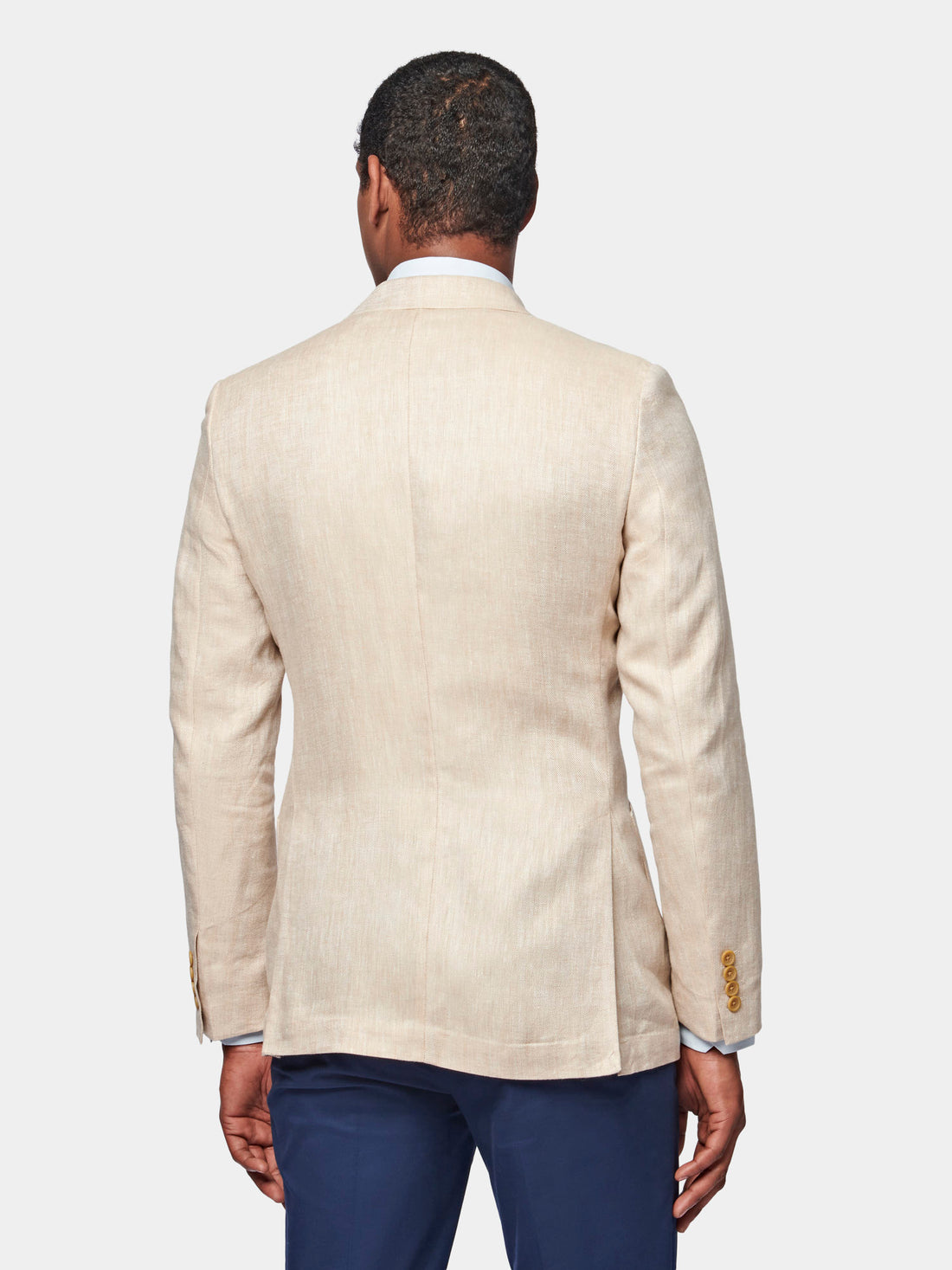 Contemporary Linen Herringbone Double Breasted Blazer Jacket in Egret