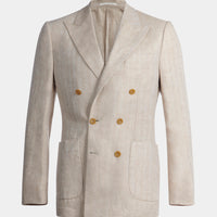 Contemporary Linen Herringbone Double Breasted Blazer Jacket in Egret