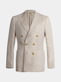Linen Herringbone Double-Breasted Blazer in Egret