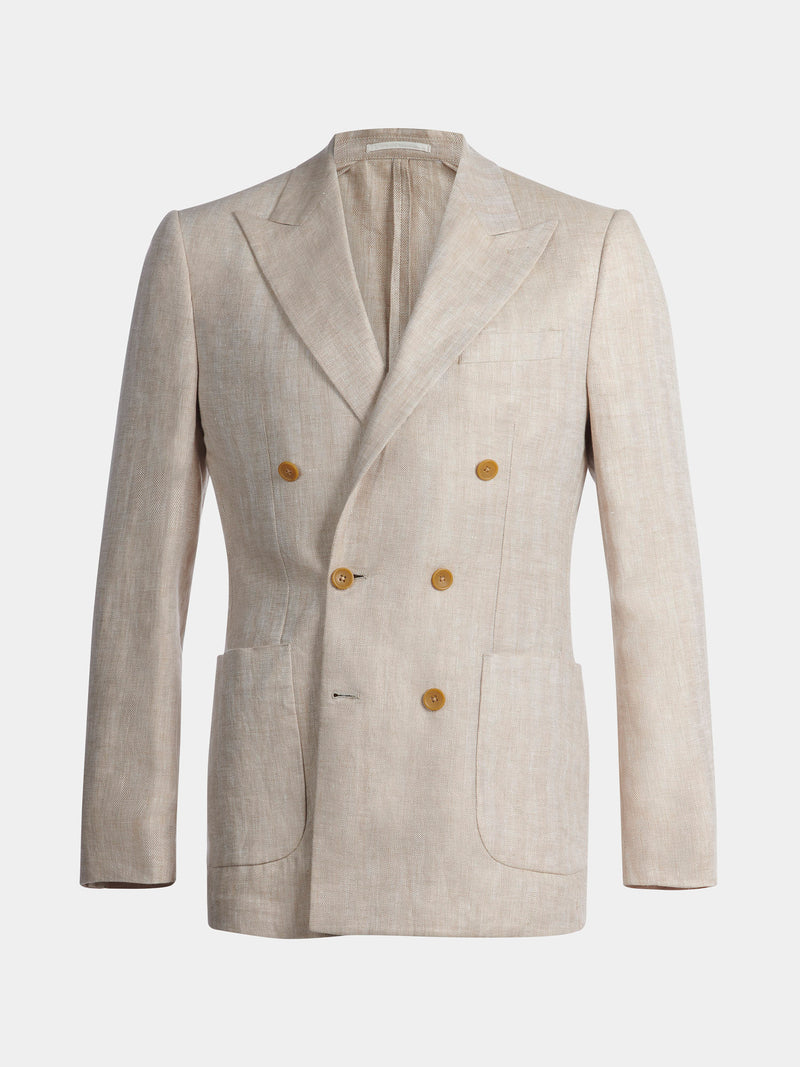 Linen Herringbone Double-Breasted Blazer in Egret
